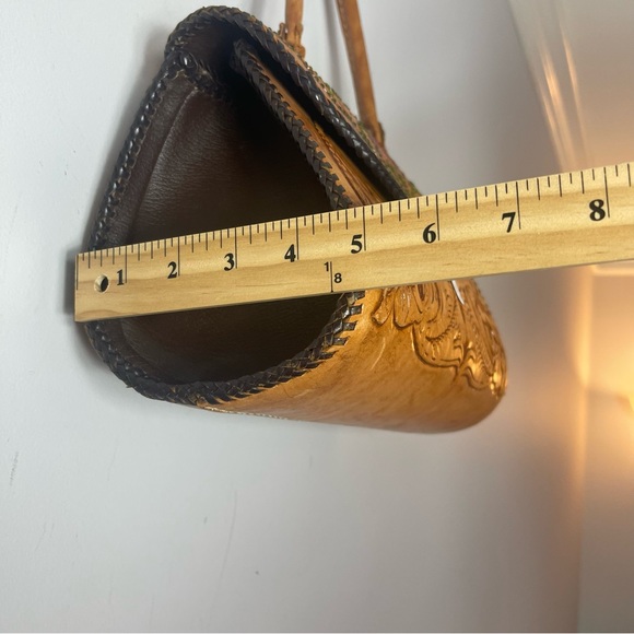 Vintage Brown Tooled Leather Purse Rhinestones Metal Clasp - Picture 15 of 16